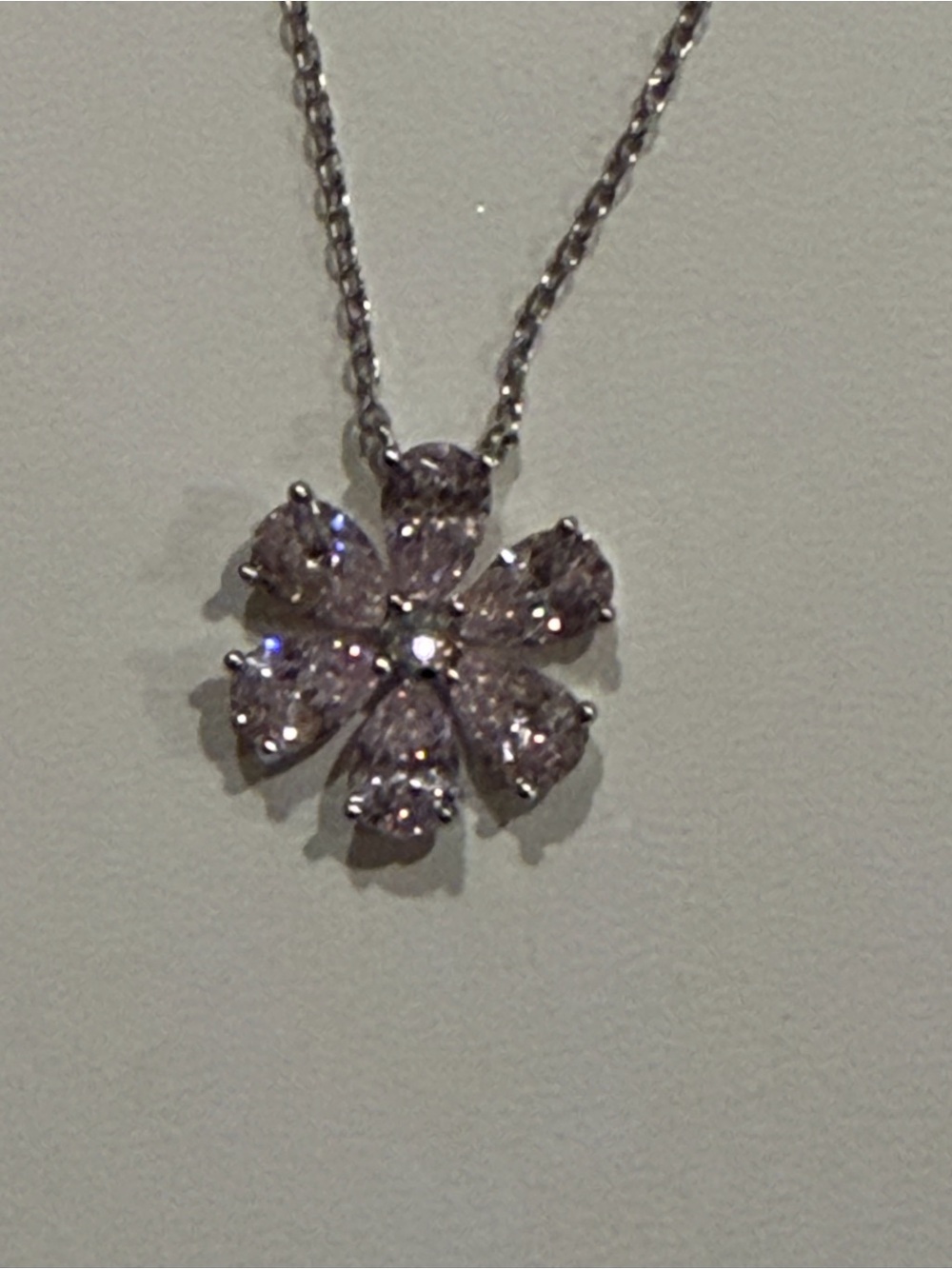 925 Sterling Silver CZ Pear-Cut Flower Pendant Necklace NWOT
